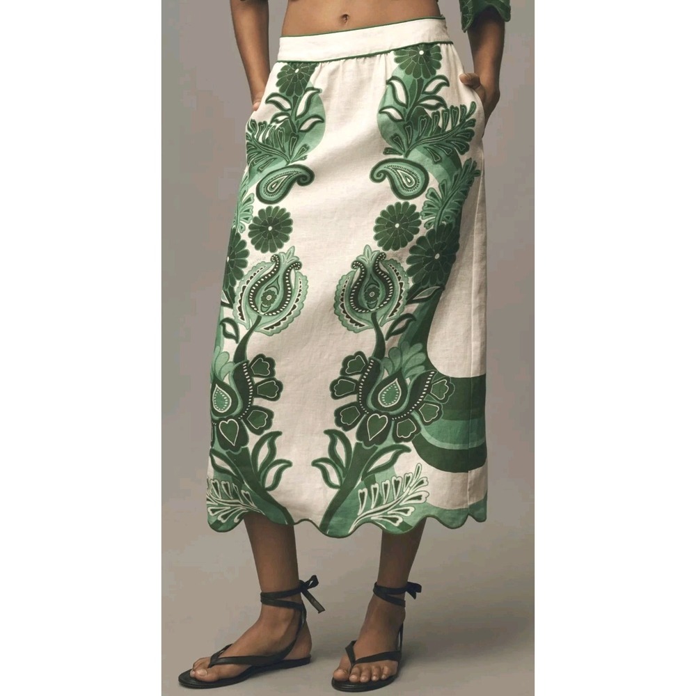 Anthropologie Farm Rio Festival Euroflax™ Midi Skirt Medium Green Linen NWT - Picture 8 of 8